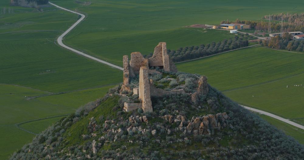 1 - Drone view showing Las Plassas Castle ruins,