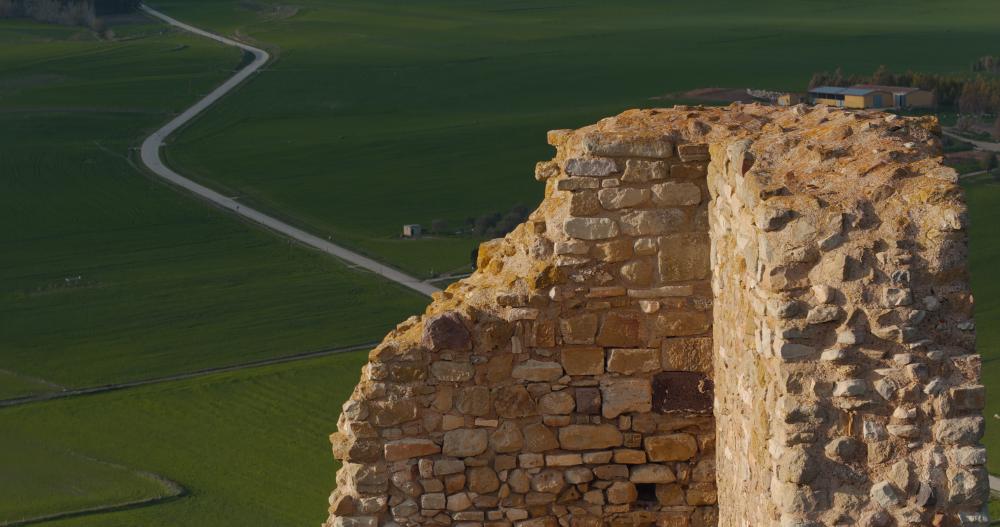 2 - Drone view showing Las Plassas Castle ruin wall details,