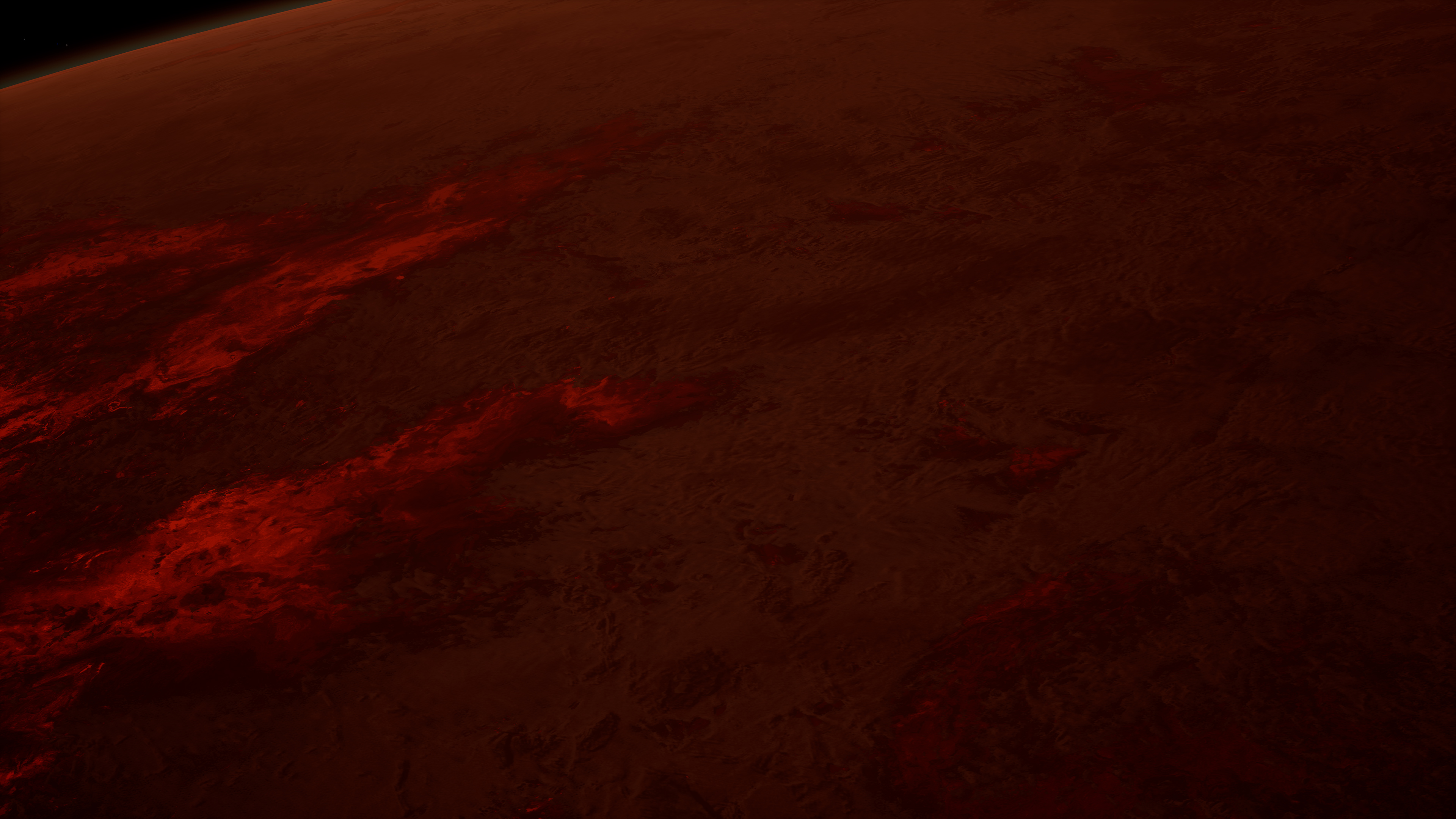 Aerial view of molten rocky planet.