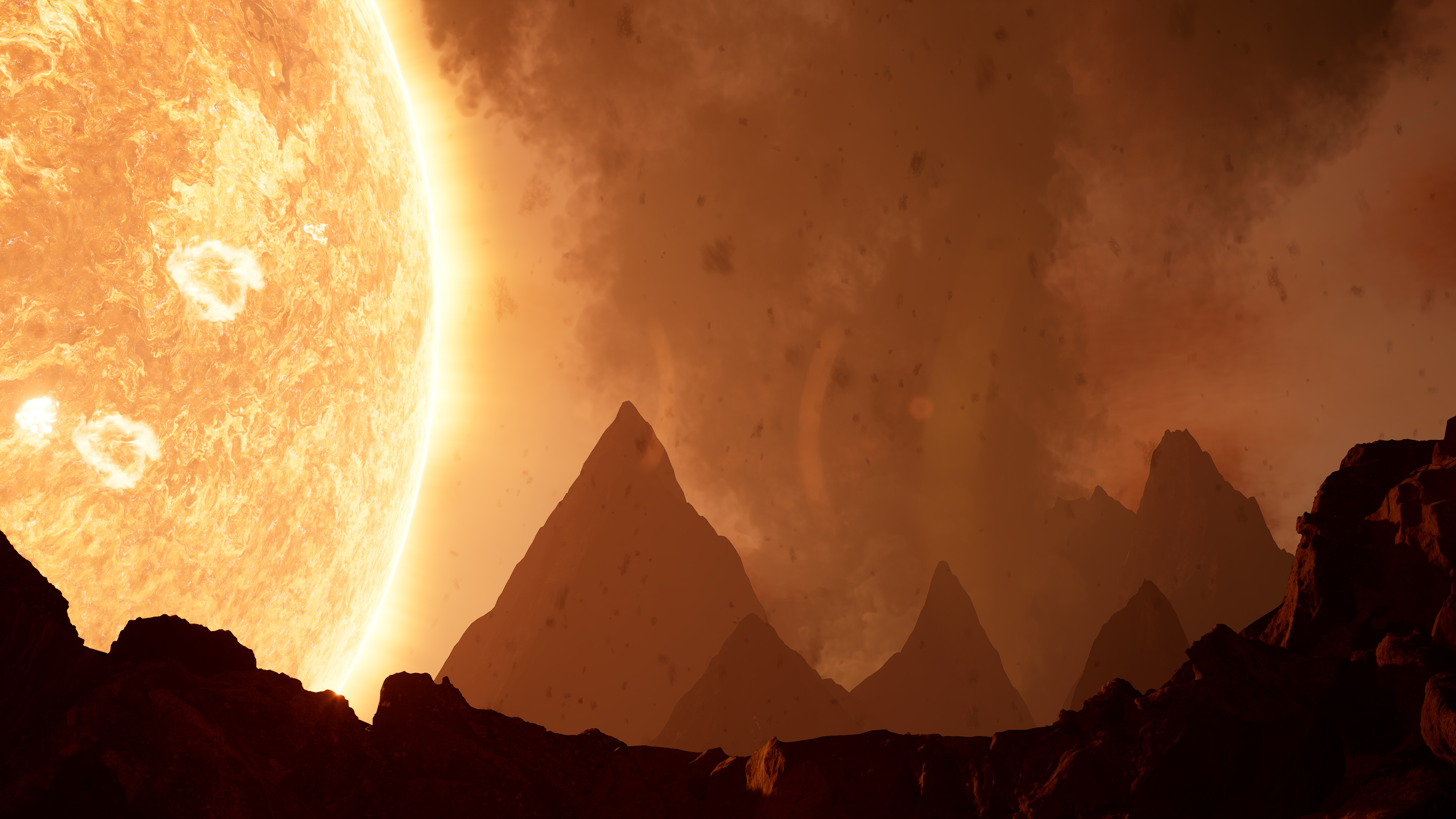 A fiery dance of elements: Witness the intense play of molten lava and towering volcanoes under the watchful gaze of a massive, eruptive orange star.